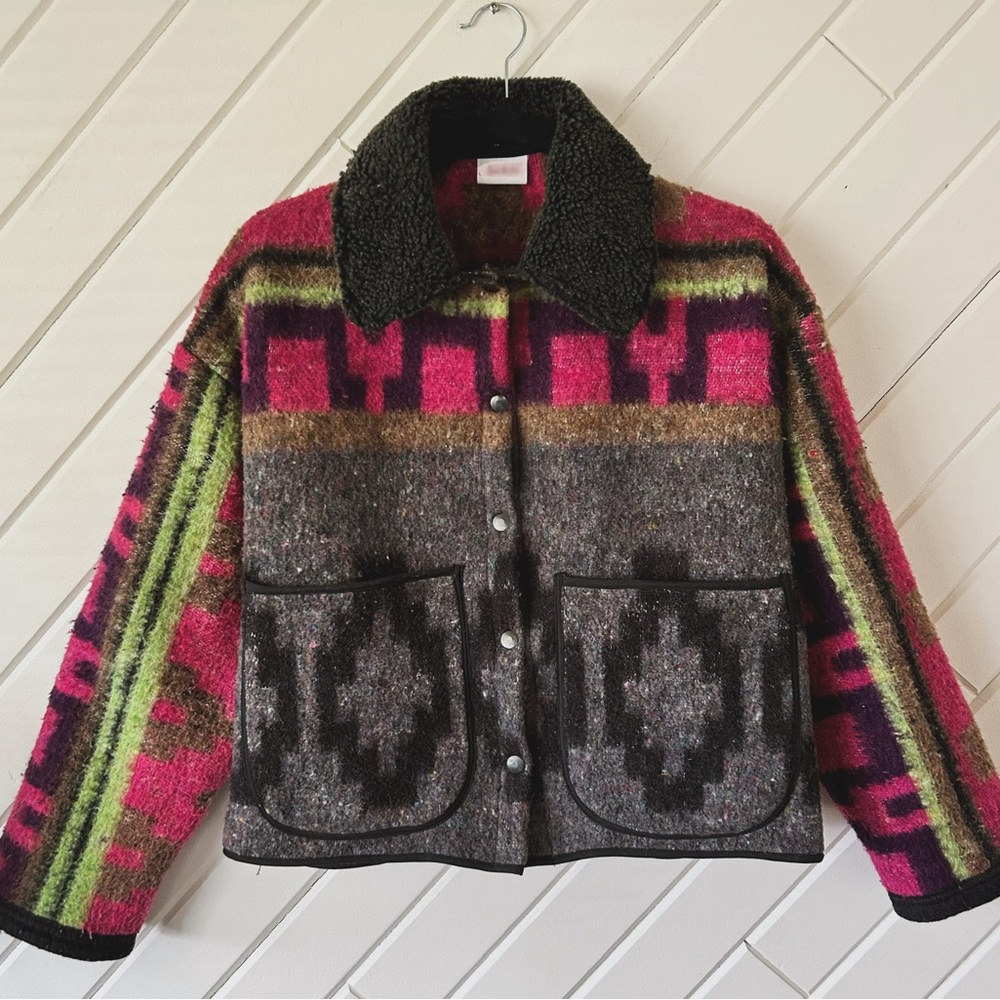 Handmade Vintage Aztec Western Blanket Jacket with Sherpa Collar